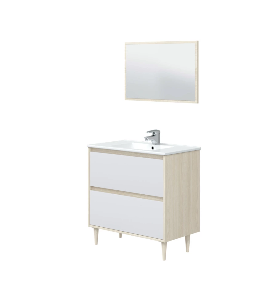 MOBILE BAGNO "VERONA" IN TRUCIOLARE MELAMINICO CON SPECCHIO COLORE BIANCO E ROVERE, 80X45X150 CM